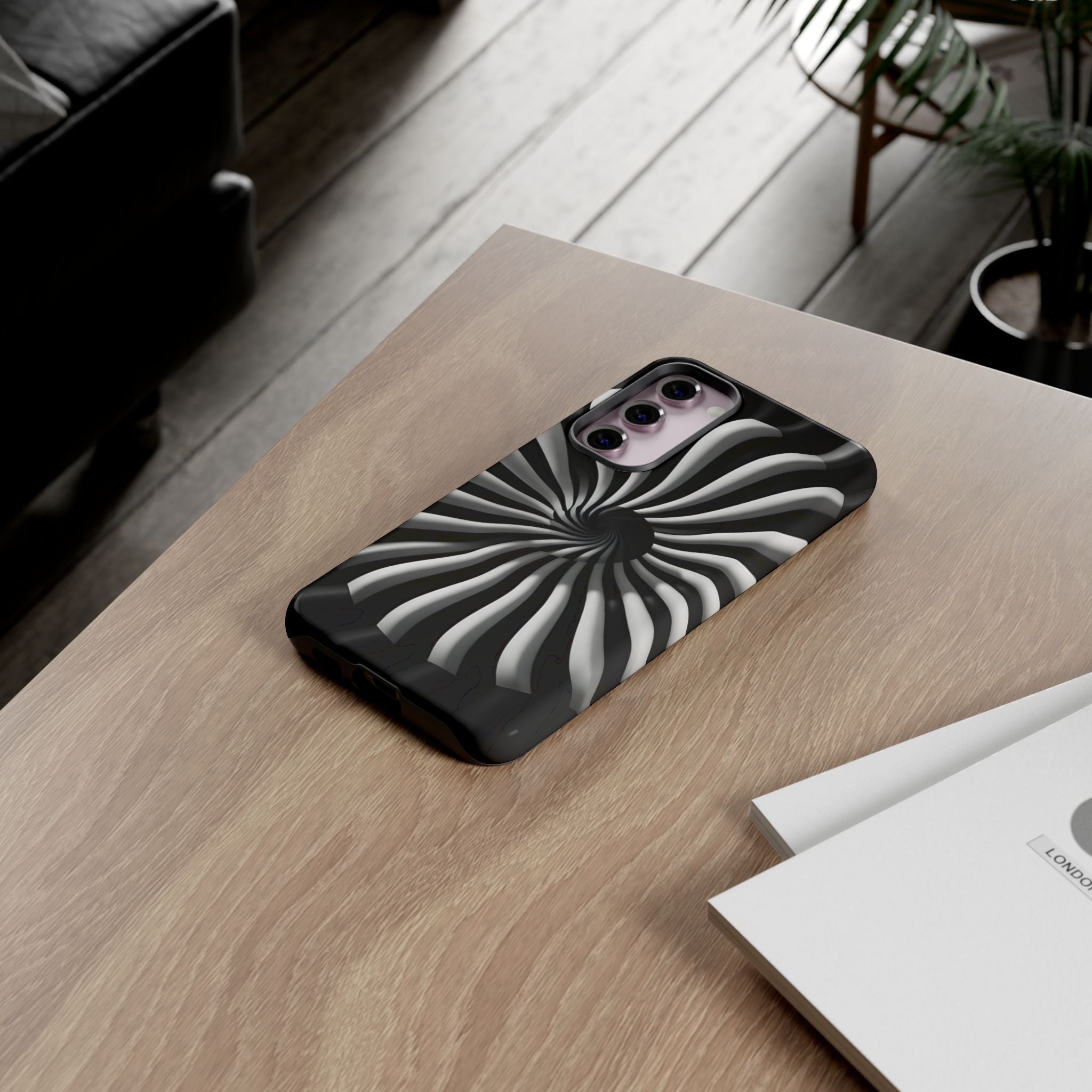 Hypnotic Black and White Spiral Phone Case – Optical Illusion Design for iPhone & Galaxy