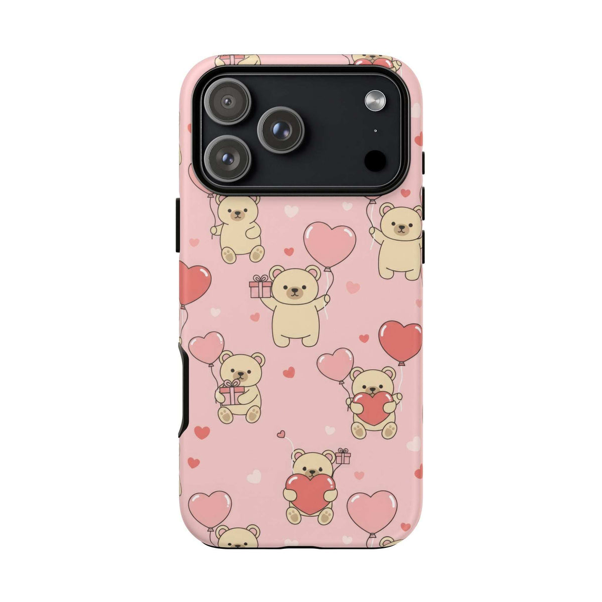 Pink phone case with teddy bears and hearts pattern, quad-lens camera cutout