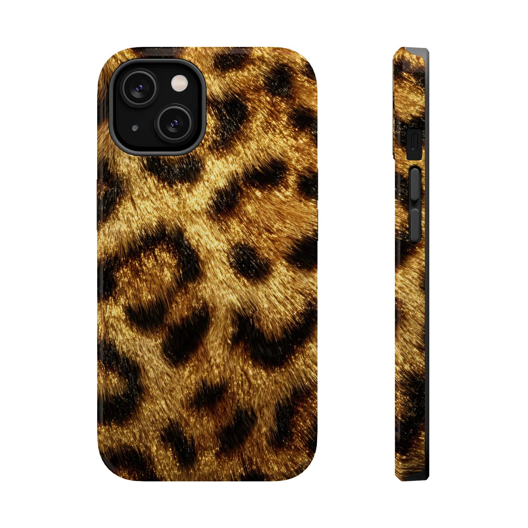 Leopard print phone case with glossy cheetah-style pattern; side profile shows cutouts