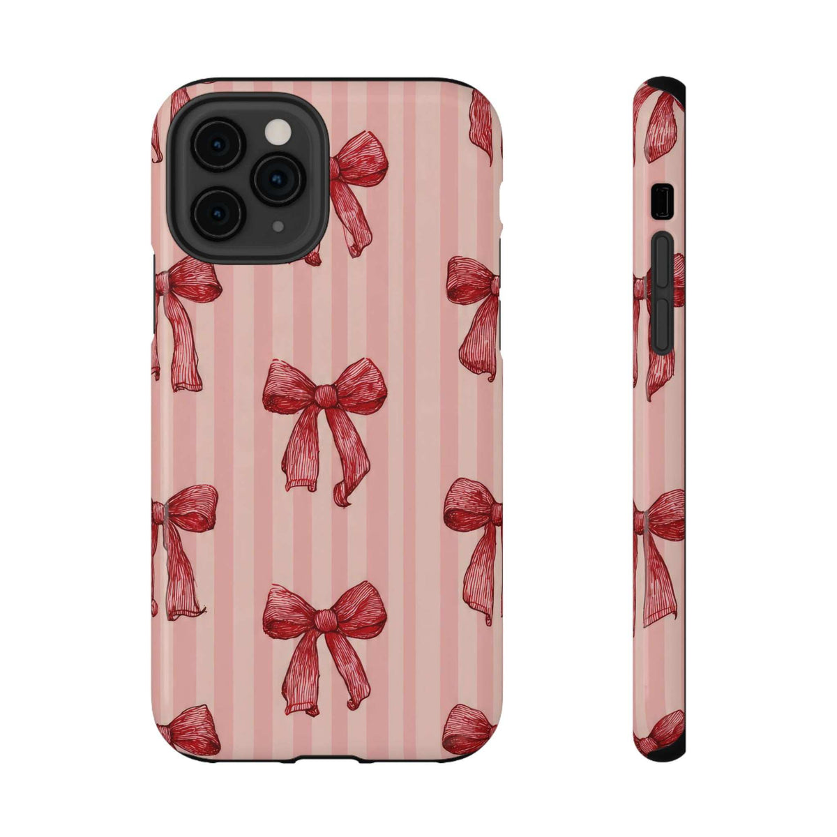 Pink phone case with vertical stripes and red bow print; camera cutouts and side view.