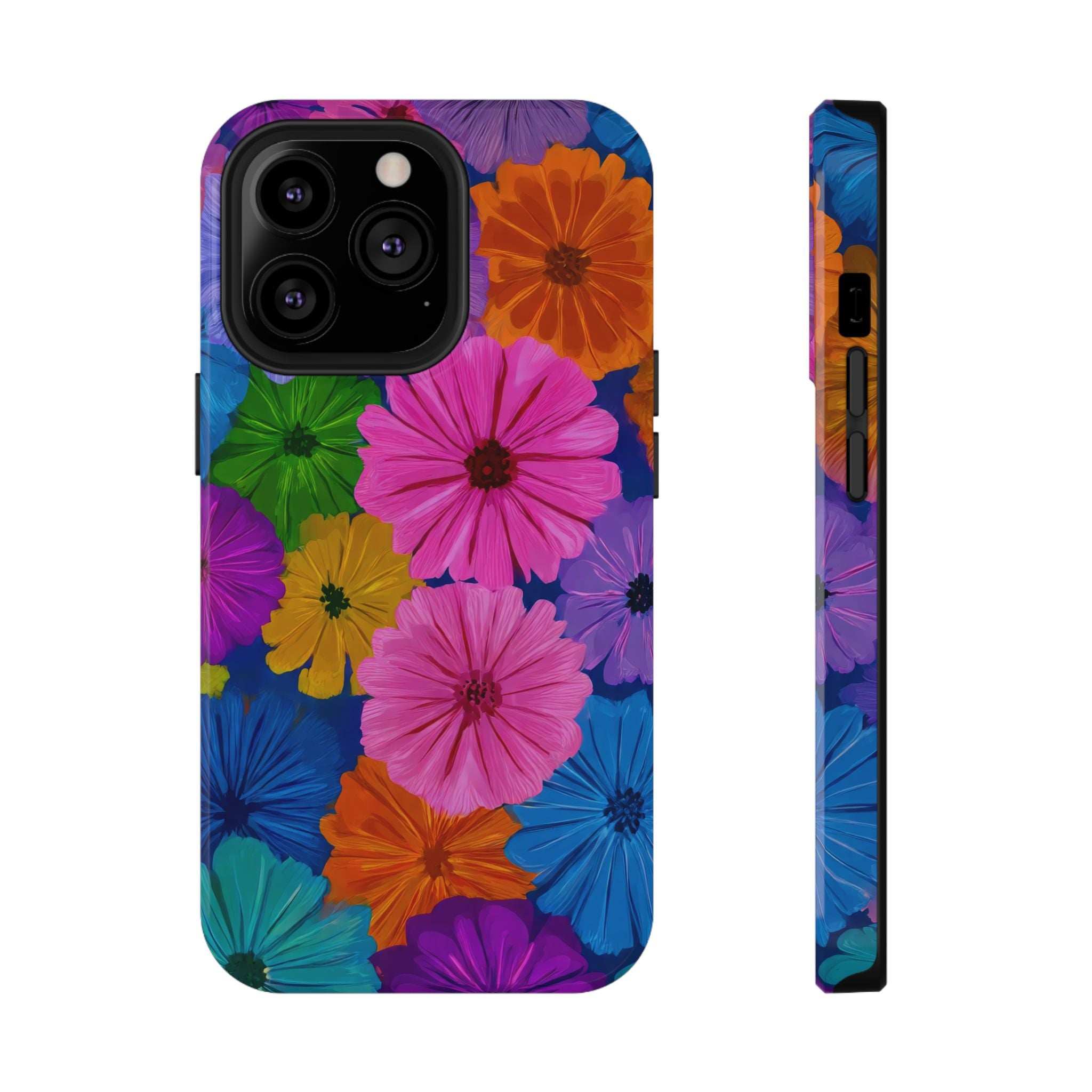 Multicolor floral phone case with black camera cutout, back view
