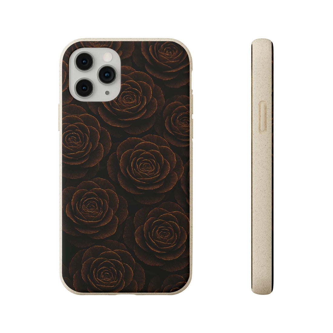 Phone case with black and brown rose pattern, visible camera cutout