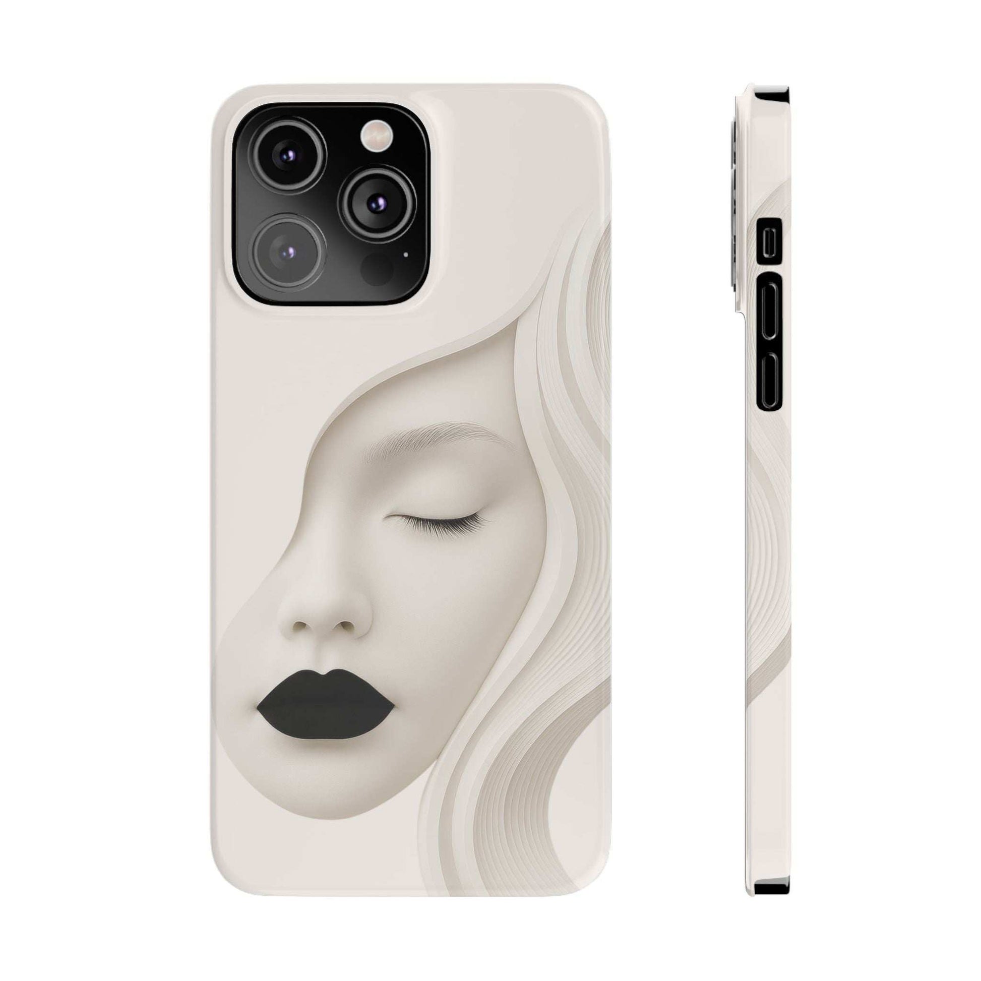 Light beige phone case with minimalist closed-eye face illustration; side profile view included.