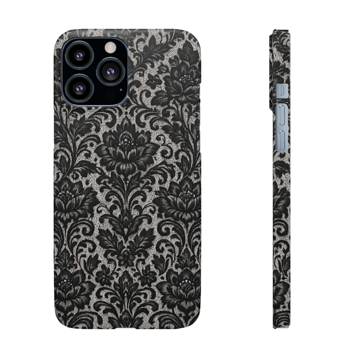 Black damask floral phone case with front camera openings and patterned protective edge