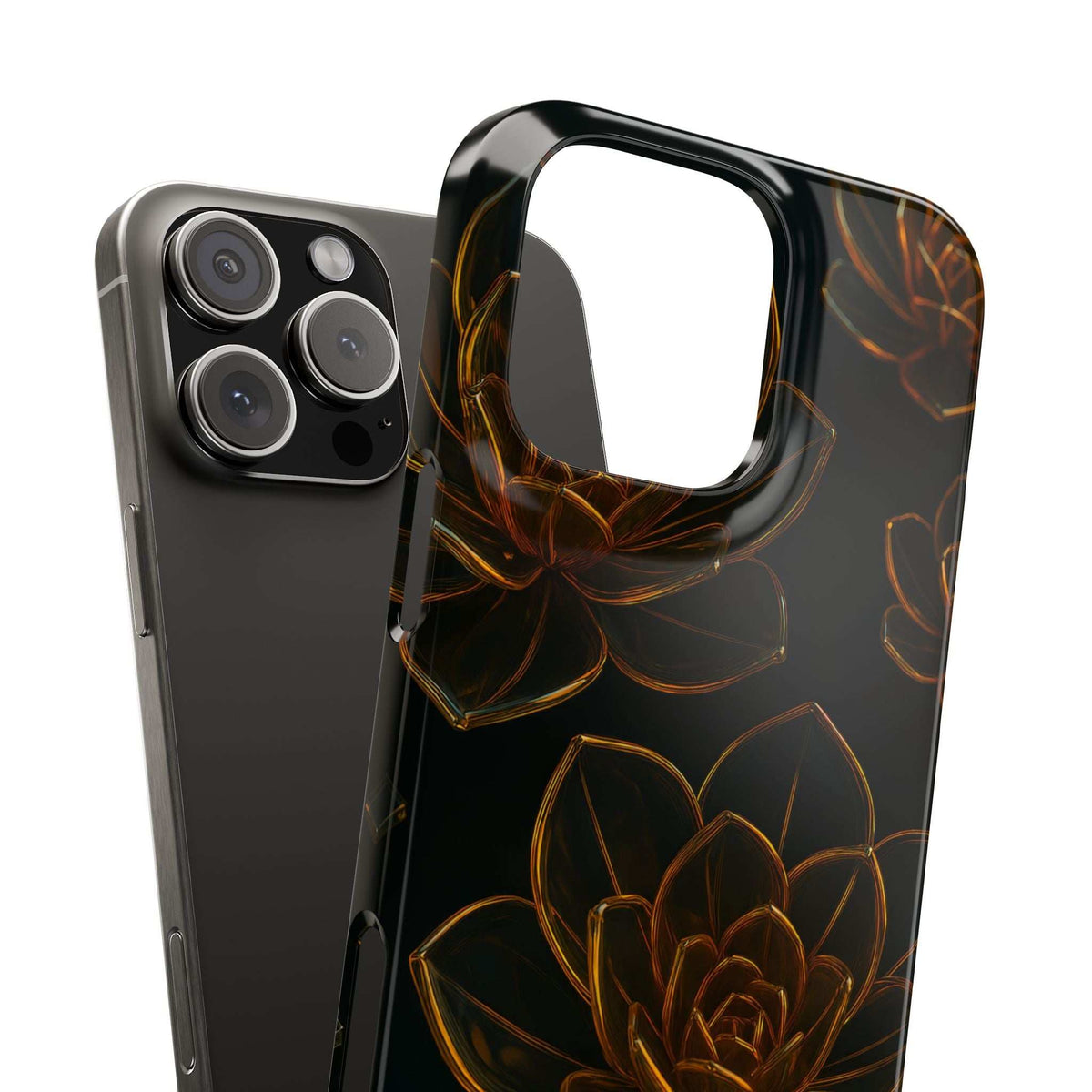 Glossy black glass phone case with amber flower design and large top opening