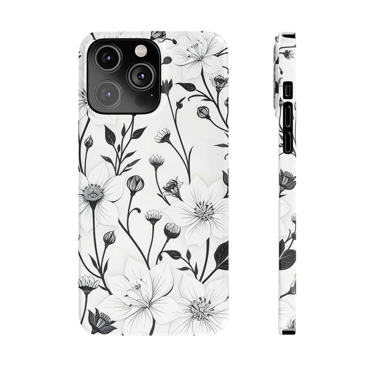 Monochrome floral phone case, white base with black blossoms and stems; camera module visible