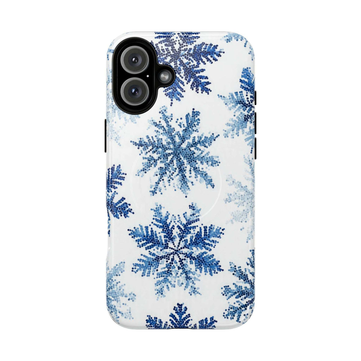iPhone 13-17 phone case with blue snowflake pattern and raised triple-camera cutout