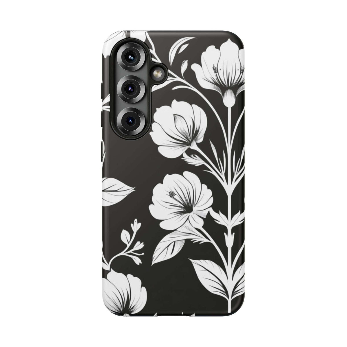Black-and-white botanical phone case with white blossoms; camera openings on back panel