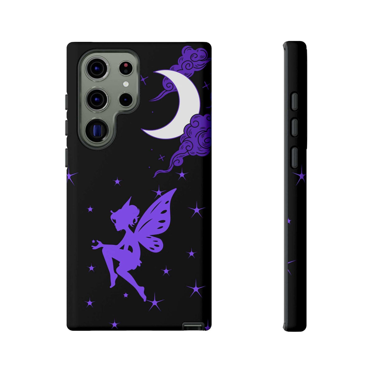 Black phone case with purple fairy flying, crescent moon, and starry background design