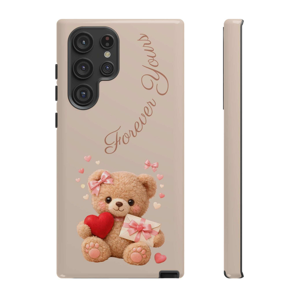Beige phone case with teddy bear, red heart, and pink bows; front and side views, Samsung.