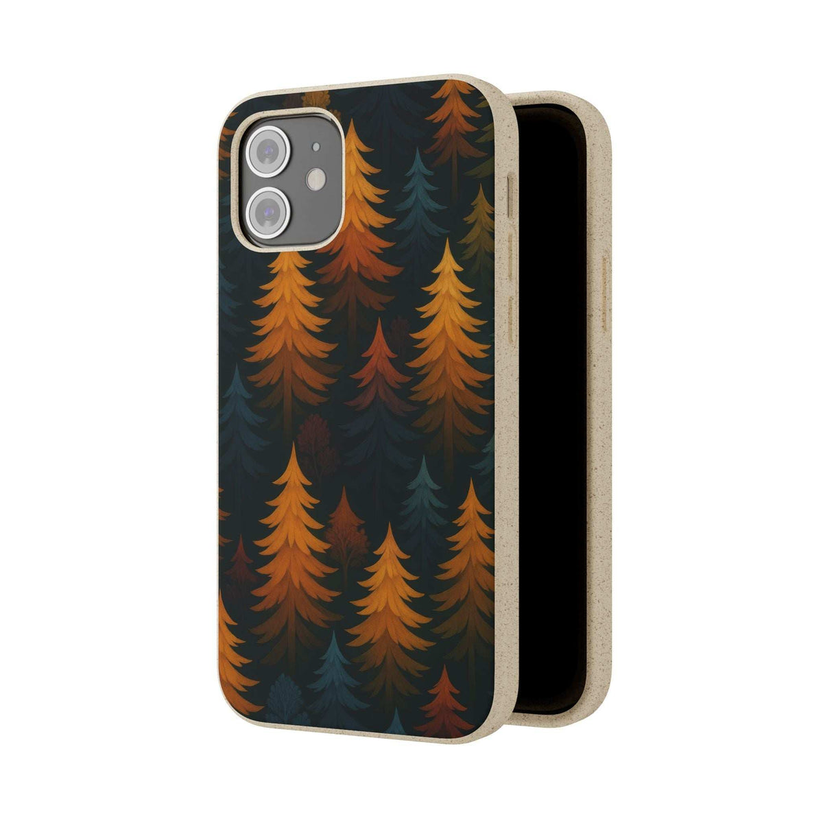 Phone case back view with forest trees pattern, beige protective edge, camera cutouts