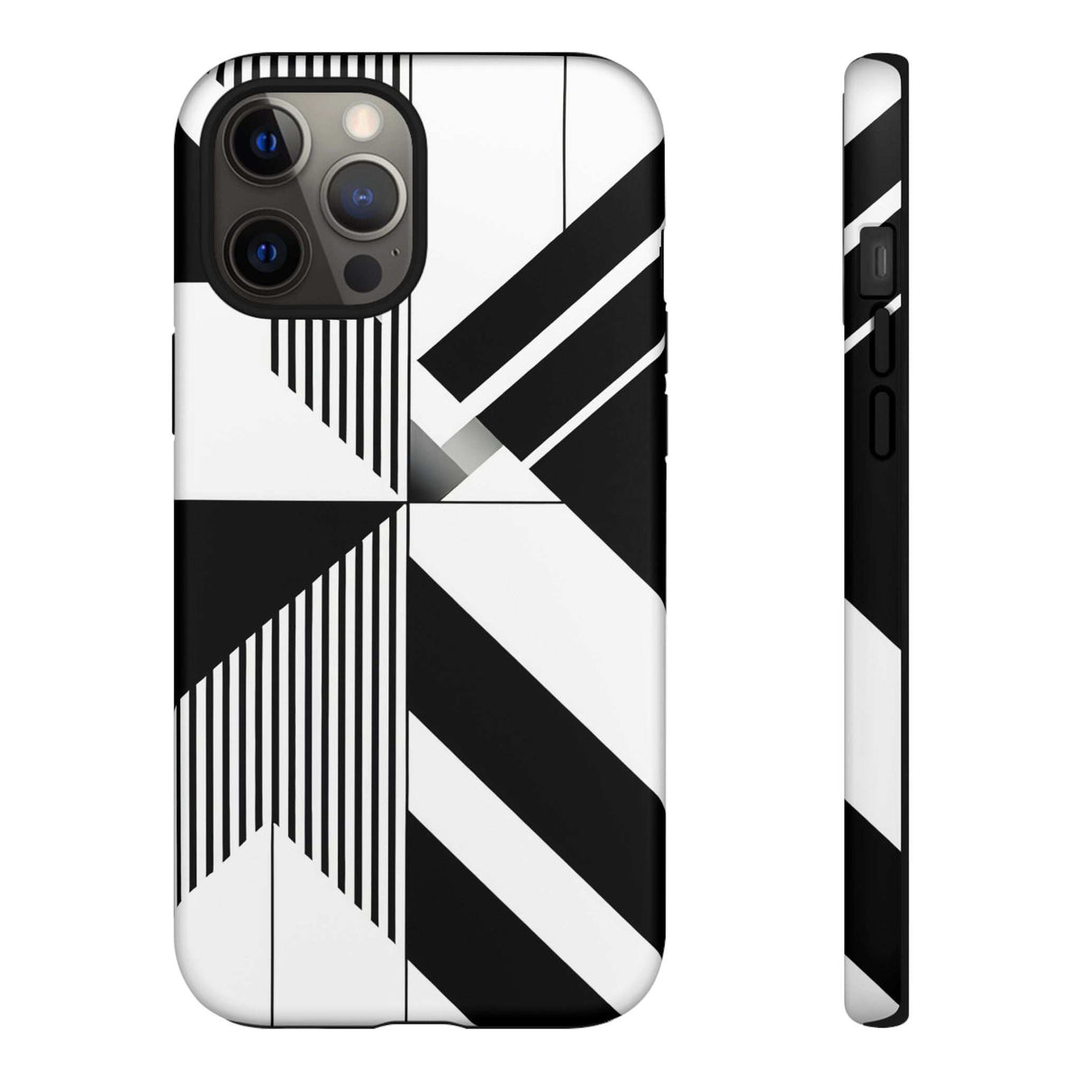 Monochrome tough phone case, black-and-white geometric pattern, triple camera cutouts