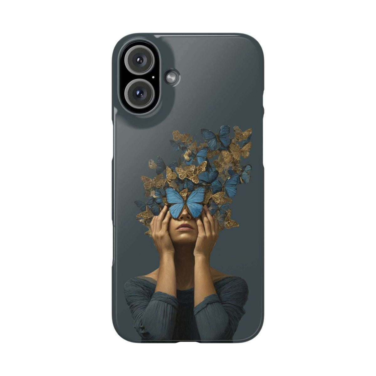Dark blue phone case with gold butterfly crown and blue butterfly at center, front view.