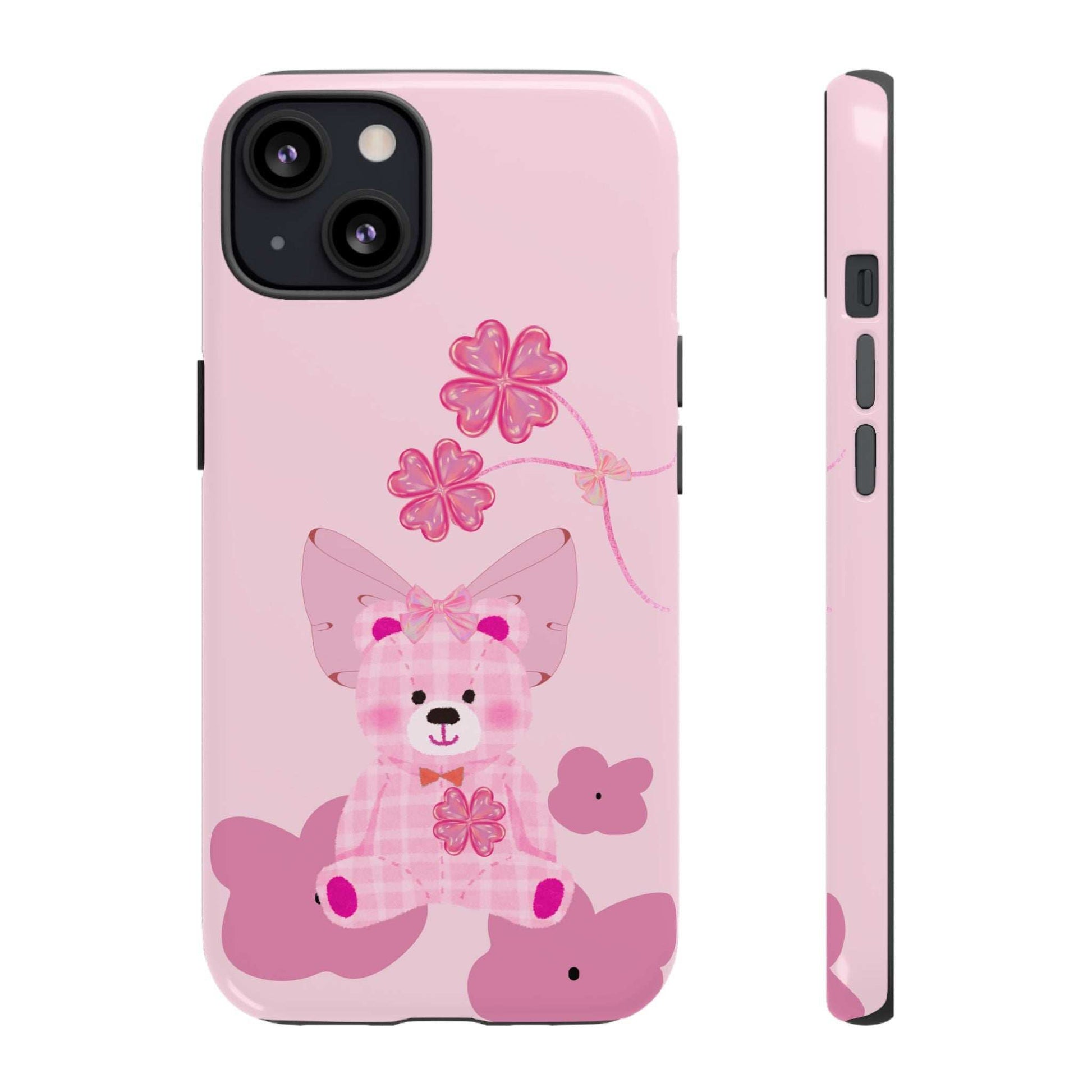 Pink phone case with teddy bear and bow; back and side profile with camera opening.