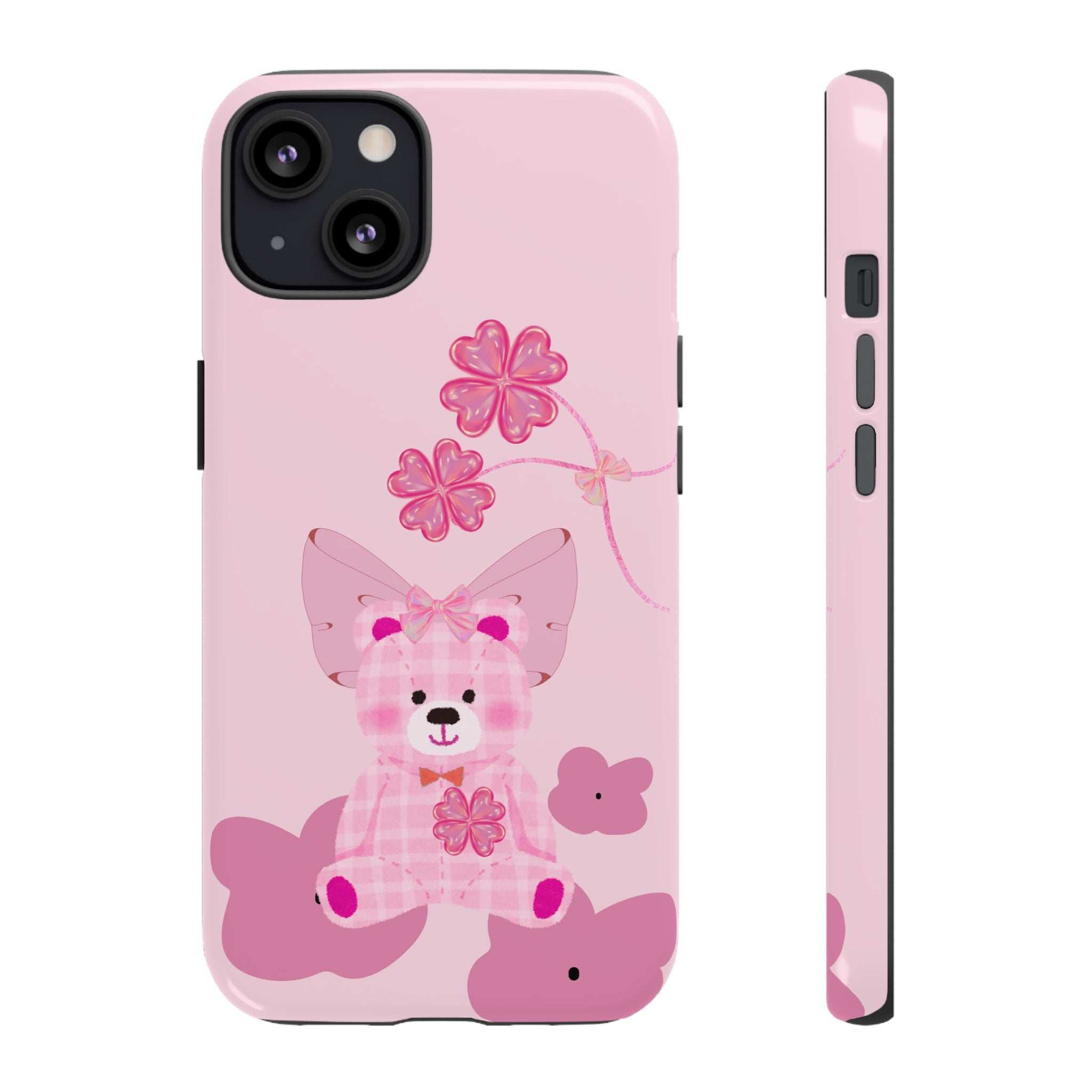 Pink phone case with teddy bear and bow; back and side profile with camera opening.