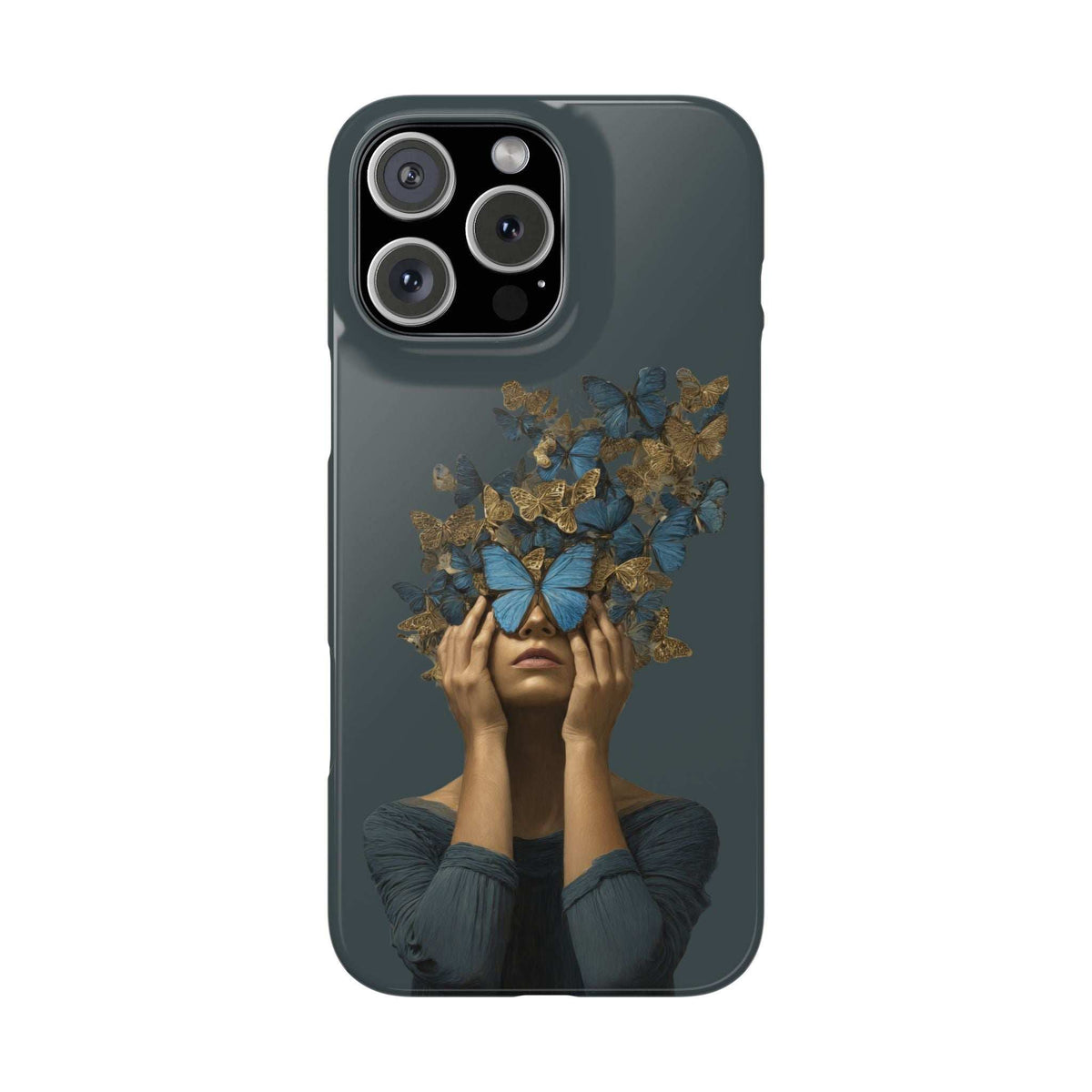 Dark blue phone case featuring gold butterfly crown and blue face art, front with triple camera.