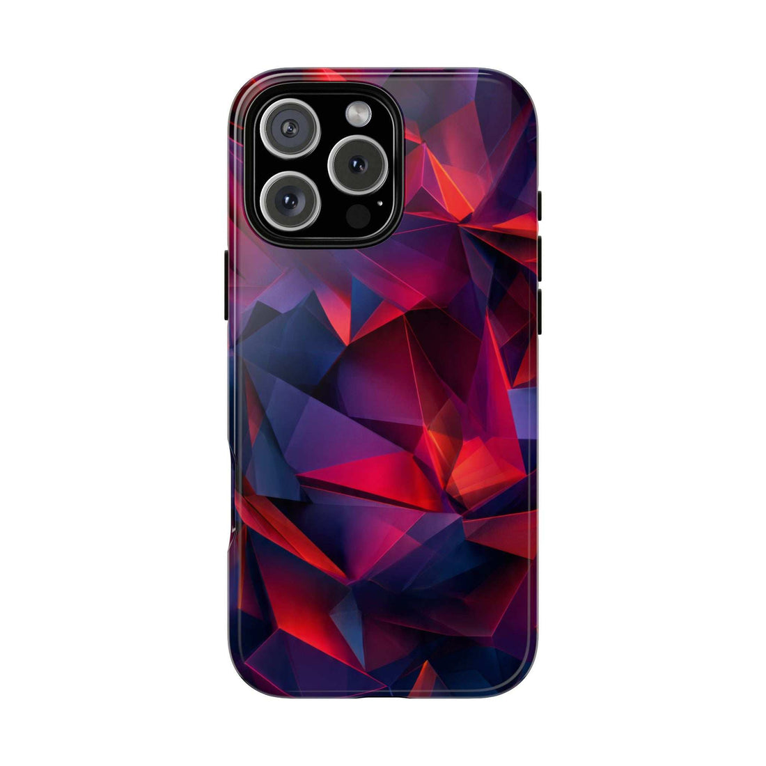 Glossy crystalline prism phone case with camera cutouts, red and blue geometric design