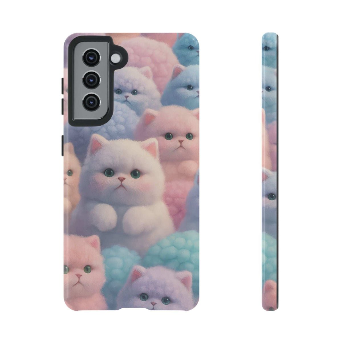 Glossy phone case with pastel kitten faces, side buttons and vertical camera section visible