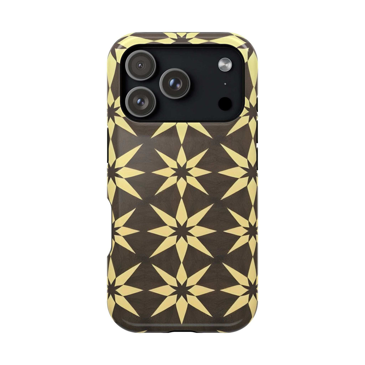 Phone case back with gold and black star geometric pattern, multi-lens camera area and flash