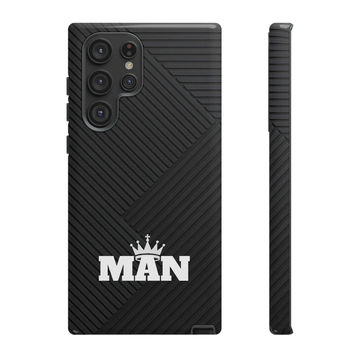Black MAN logo phone case with diagonal ridge texture; side buttons and camera openings.