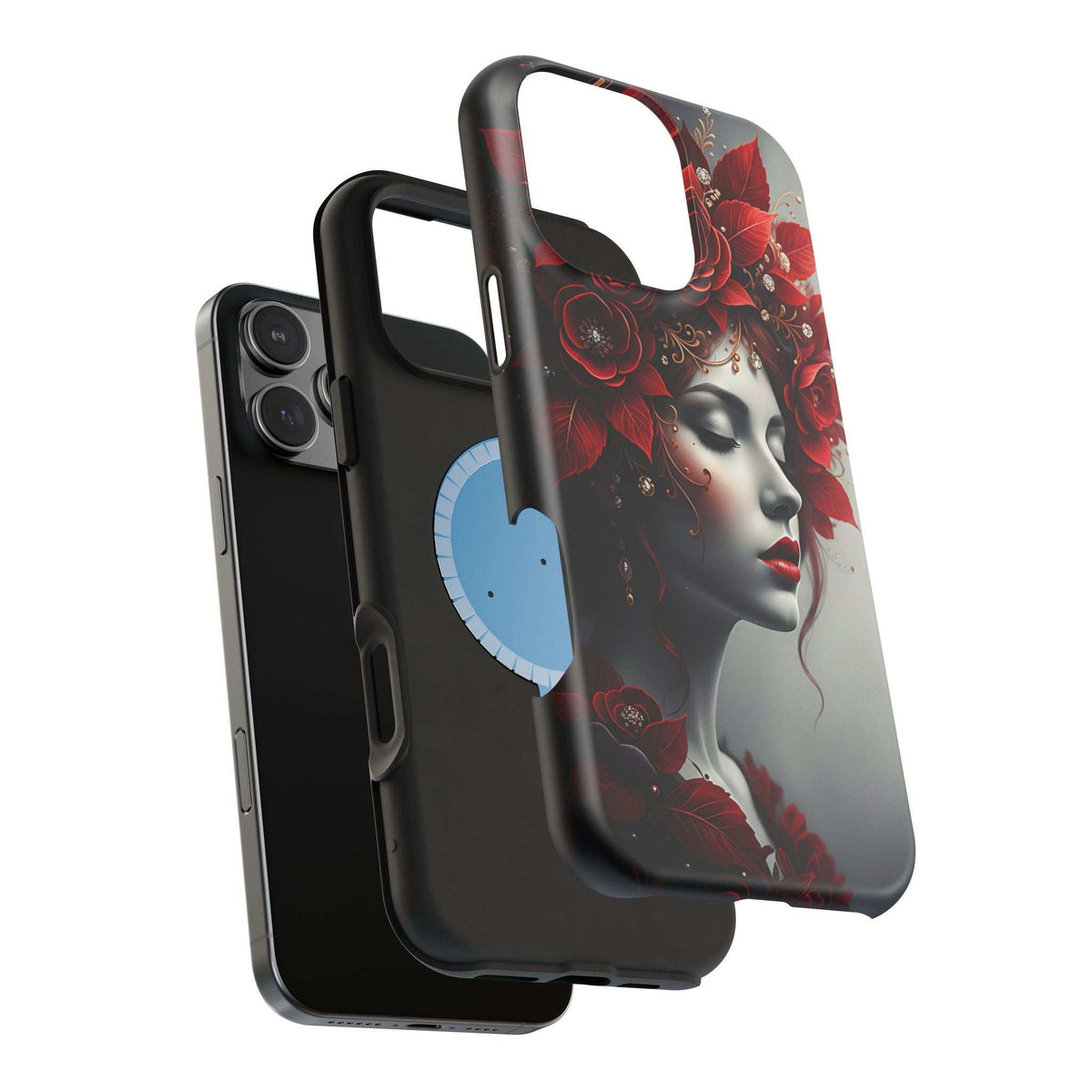Portrait phone case with red rose woman design, raised edges and cutouts for iPhone