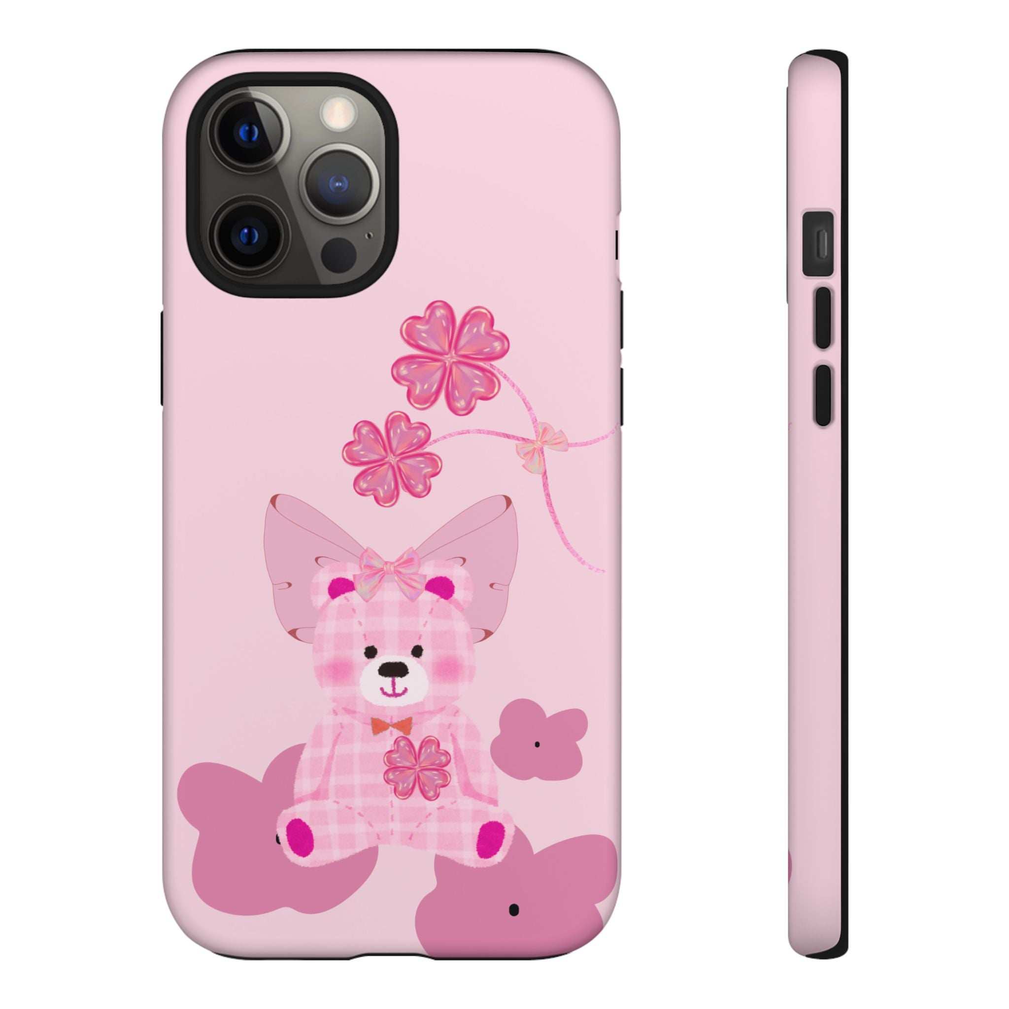 Pink teddy bear phone case with pink flowers; back view with camera cutout.