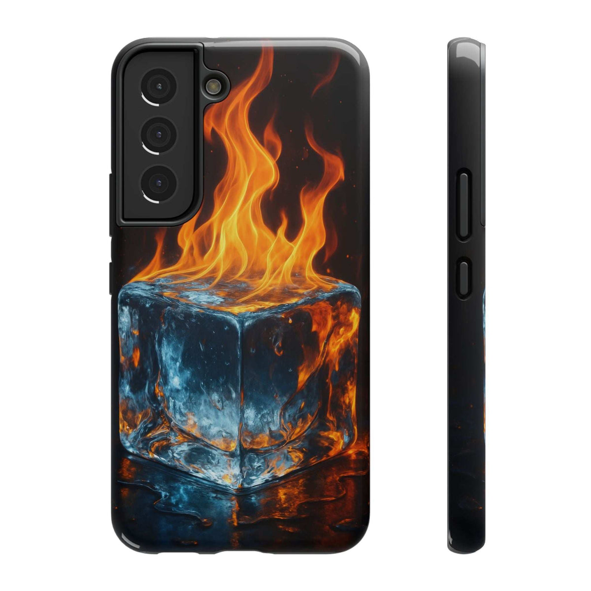 Phone case with glossy flame-and-ice cube print; side button openings and camera cutouts.