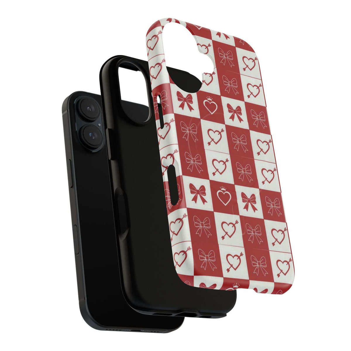 Red-and-white patterned phone case with heart-and-bow checkered design; camera opening.