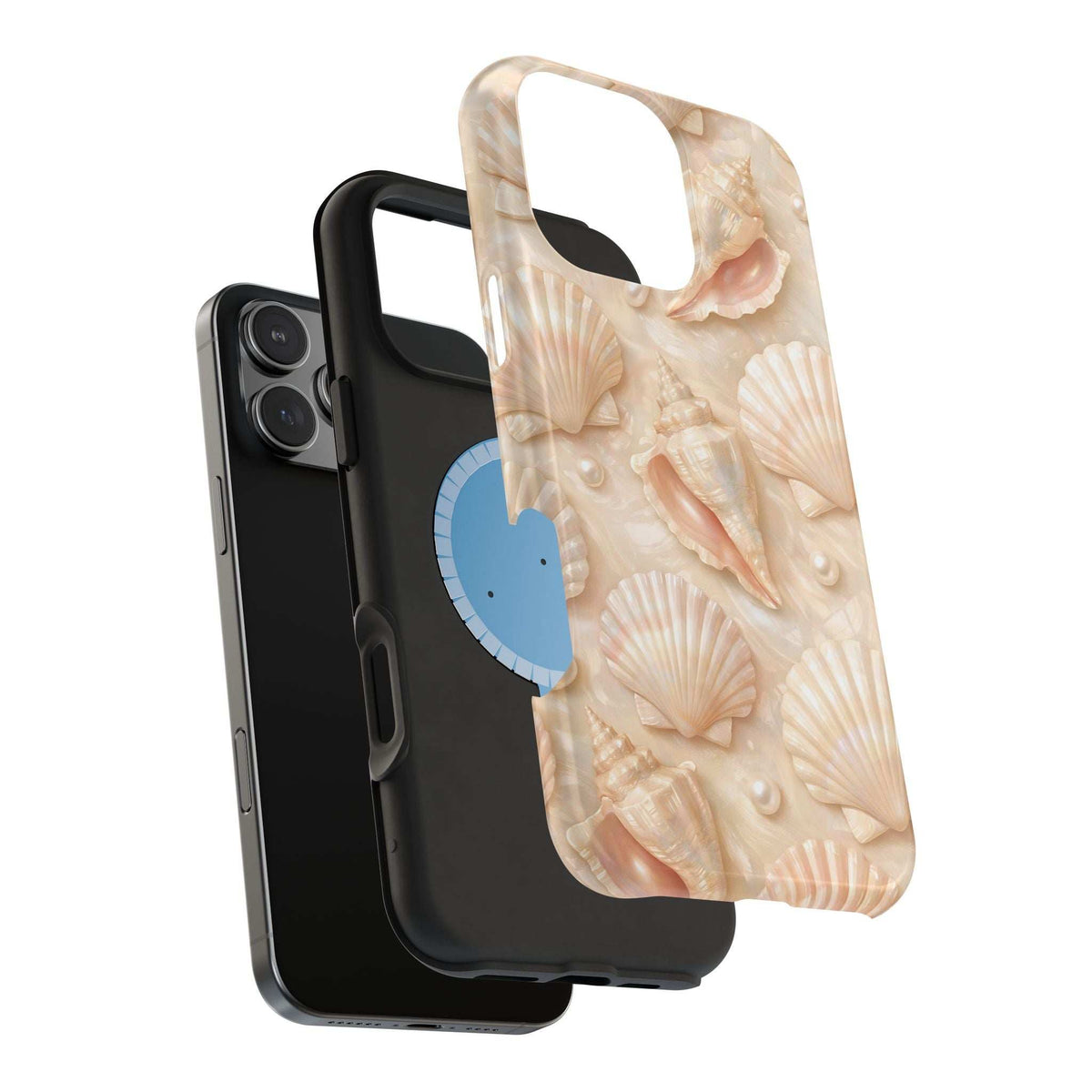 Beige seashell phone case with MagSafe hand cutout and camera protection