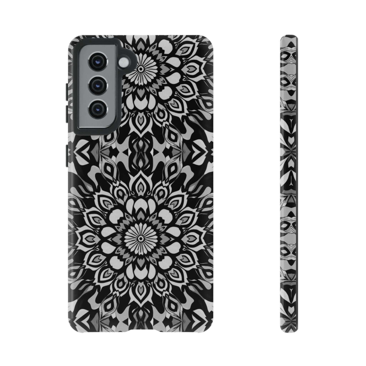 Mandala phone case with black-and-white mandala artwork, camera cutouts, and side strip