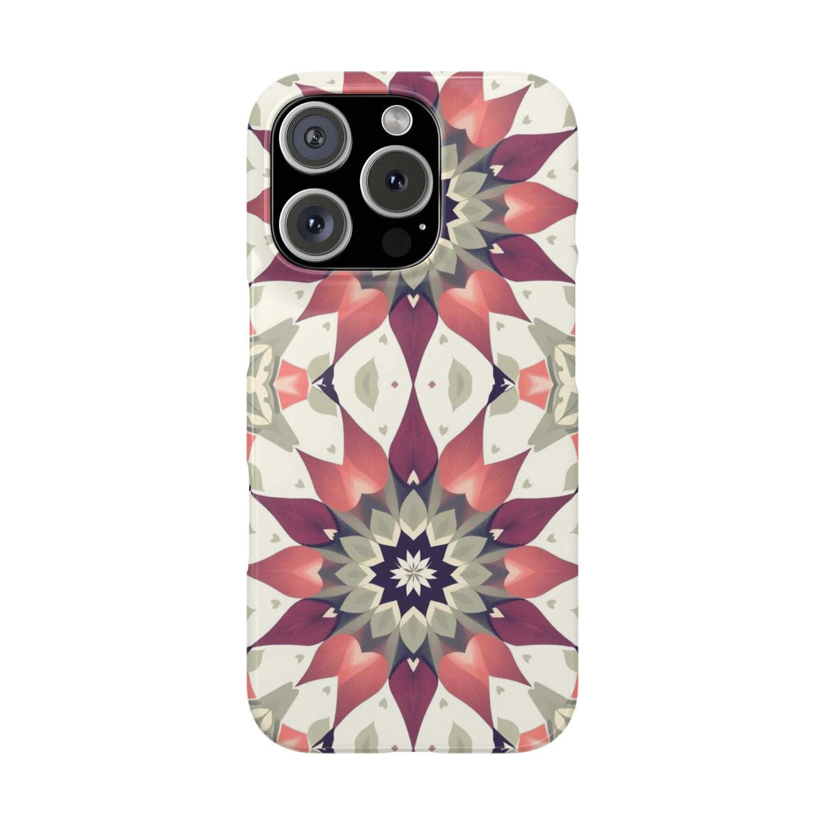 Phone case with burgundy, navy, and cream mandala floral design, triple camera cutouts.