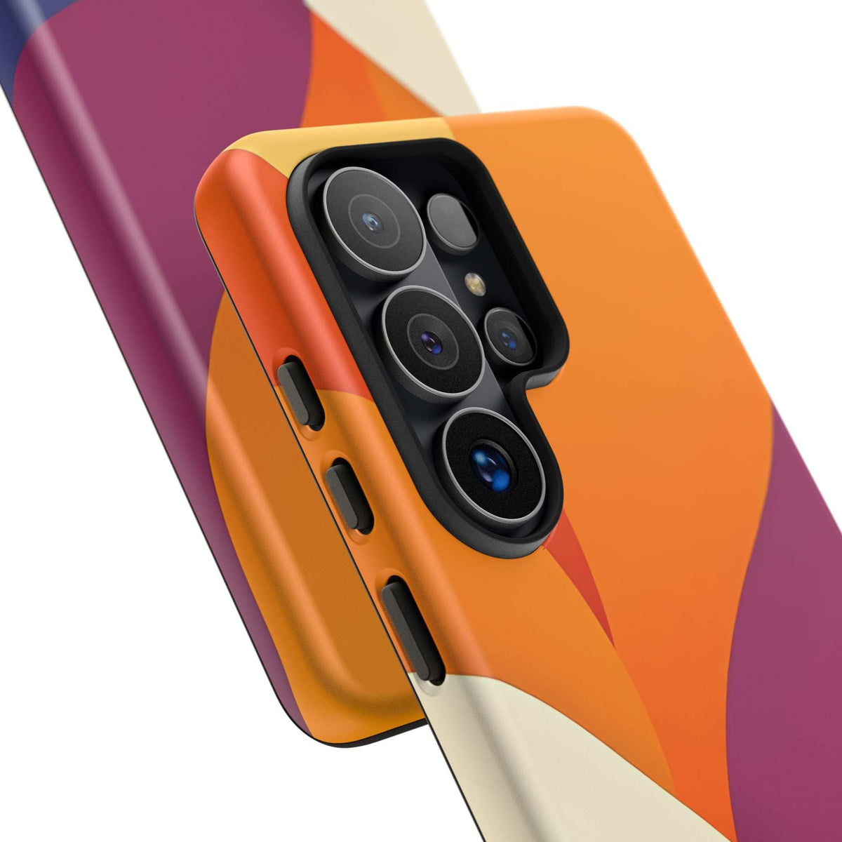 Phone case with abstract orange, purple, and cream design; triple-camera cutout