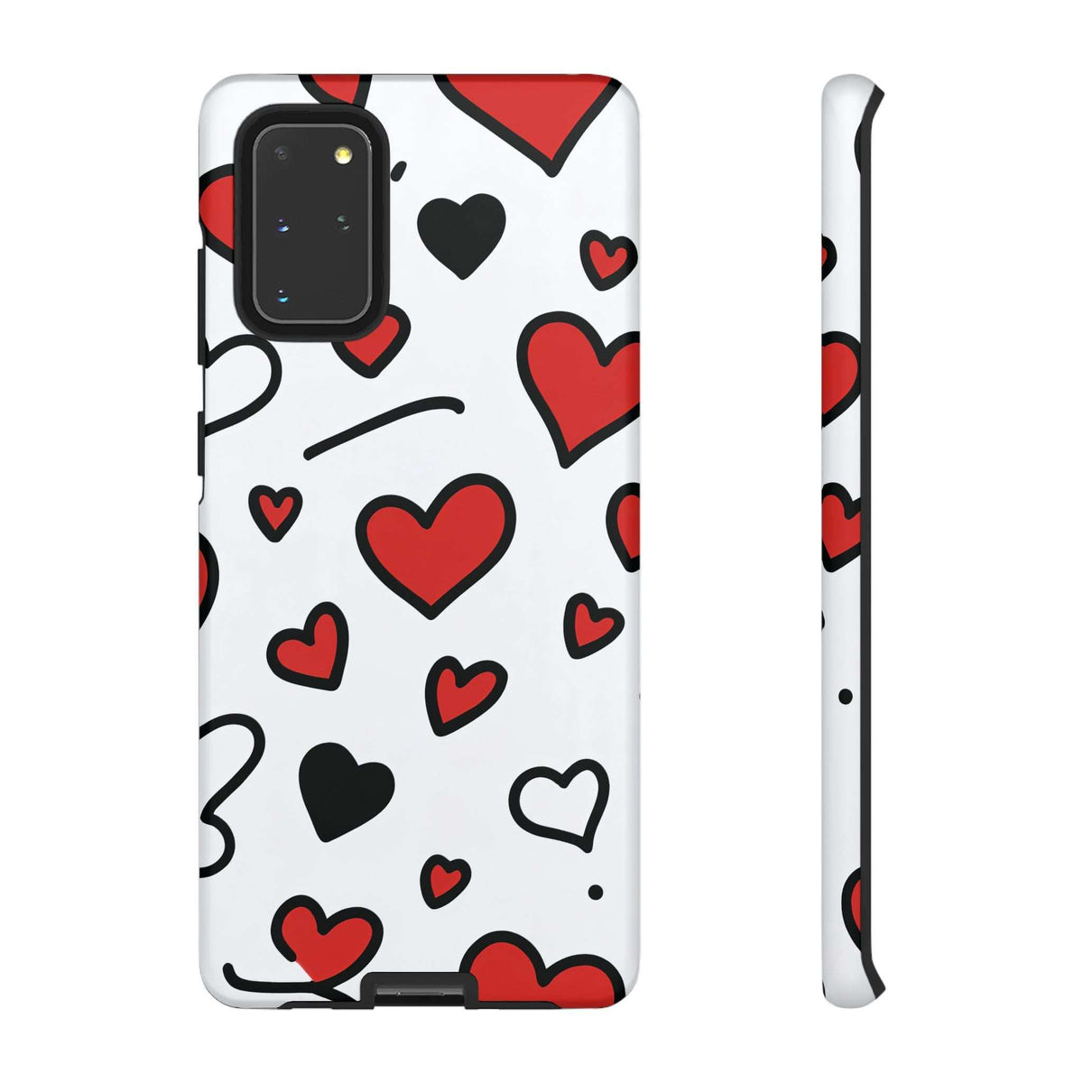 White phone case featuring scattered red and black hearts with thin outlines; camera cutout.