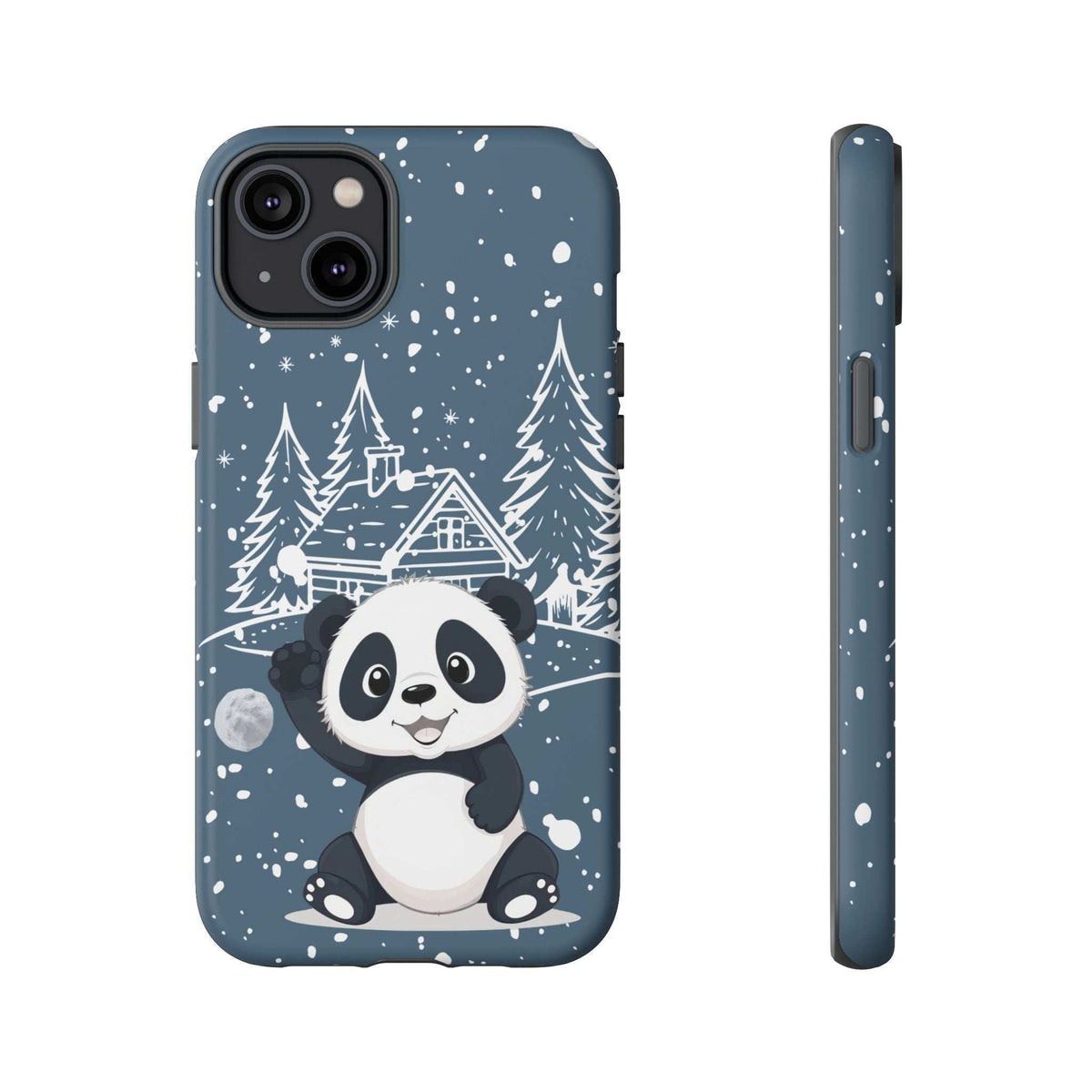 Dark blue panda winter phone case with snowy cabin, pine trees, and side access openings