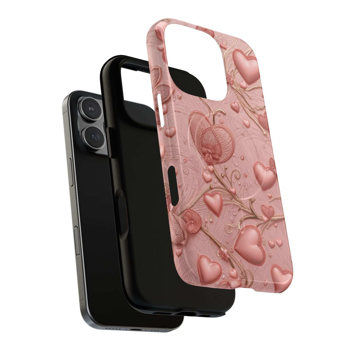 Pink phone case with raised heart designs and floral lines, side openings visible