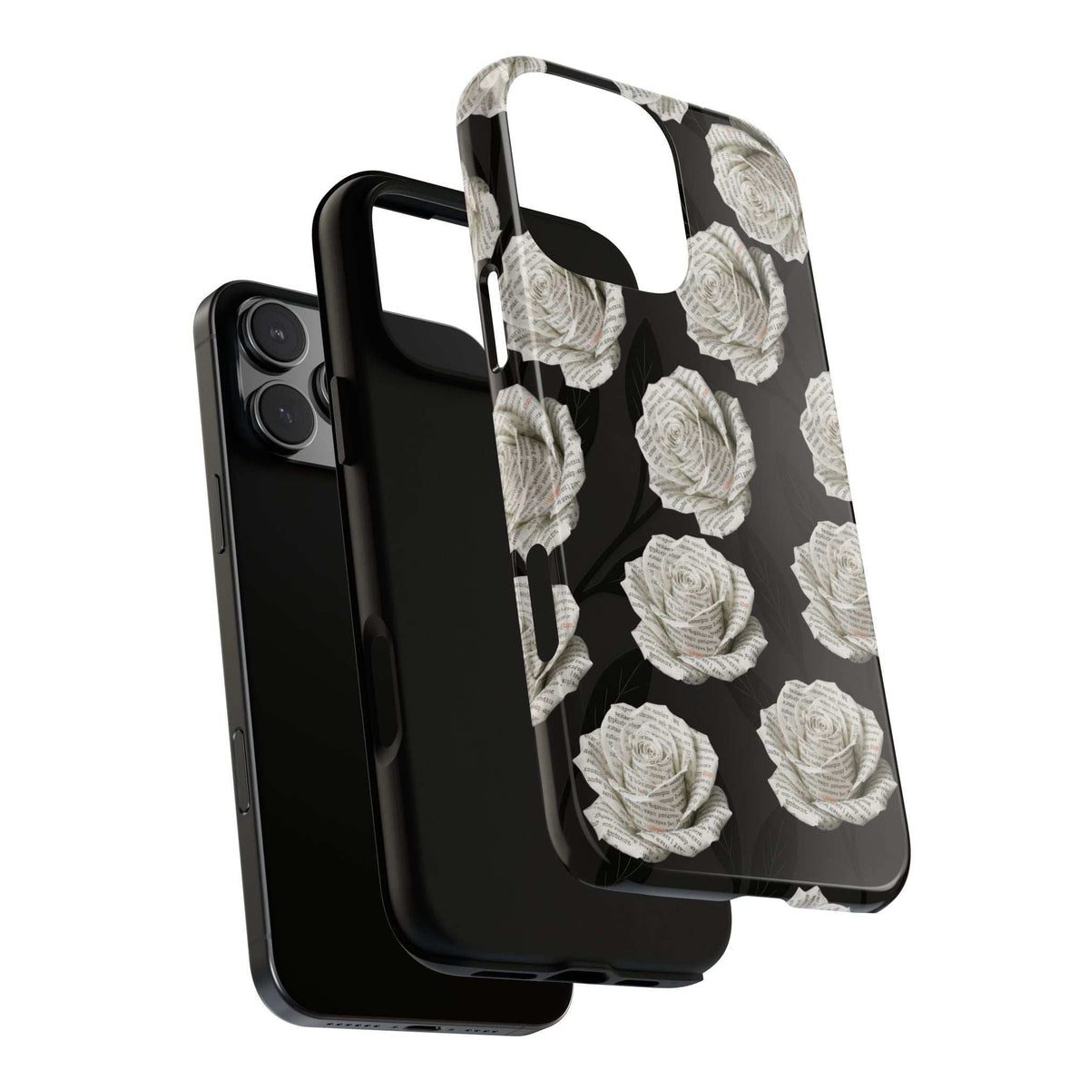 Phone case with black backing and white rose print; angled view over phone edge.