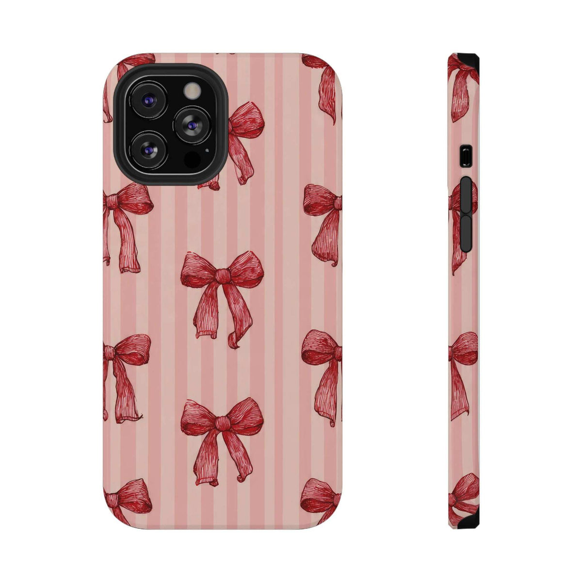 Pink striped phone case with red bow pattern; black camera cutout and side button openings