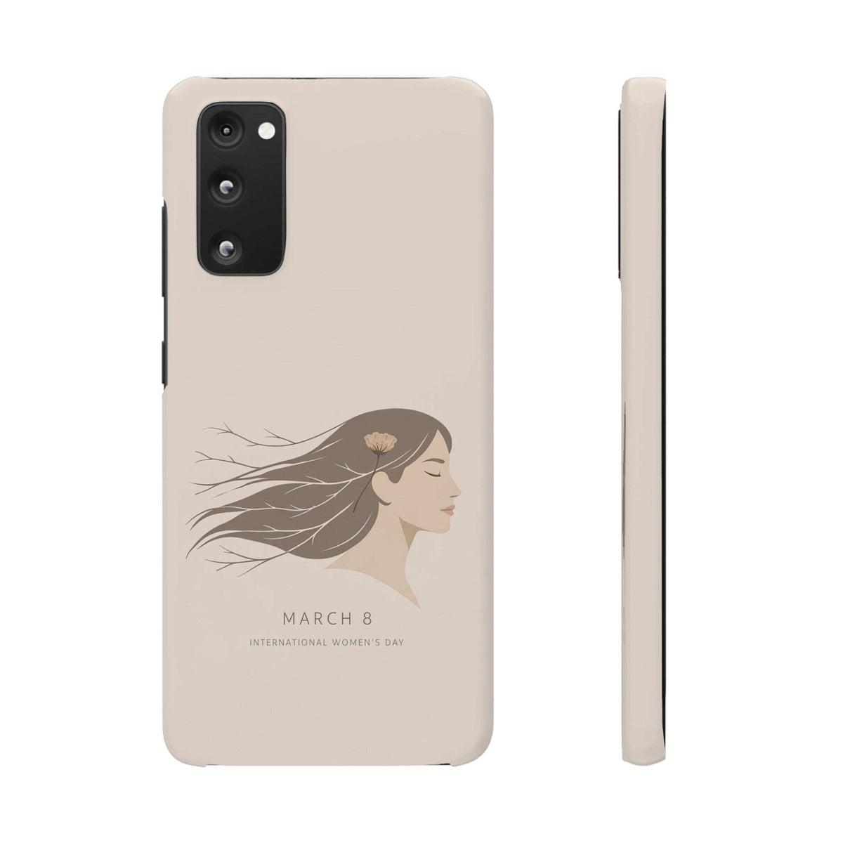 Beige phone case back with woman profile artwork and “MARCH 8” text; camera module opening.