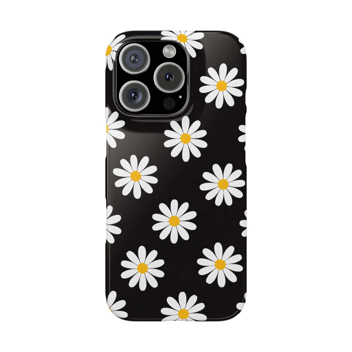 Black phone case with white daisies and yellow centers, front view with triple-lens camera