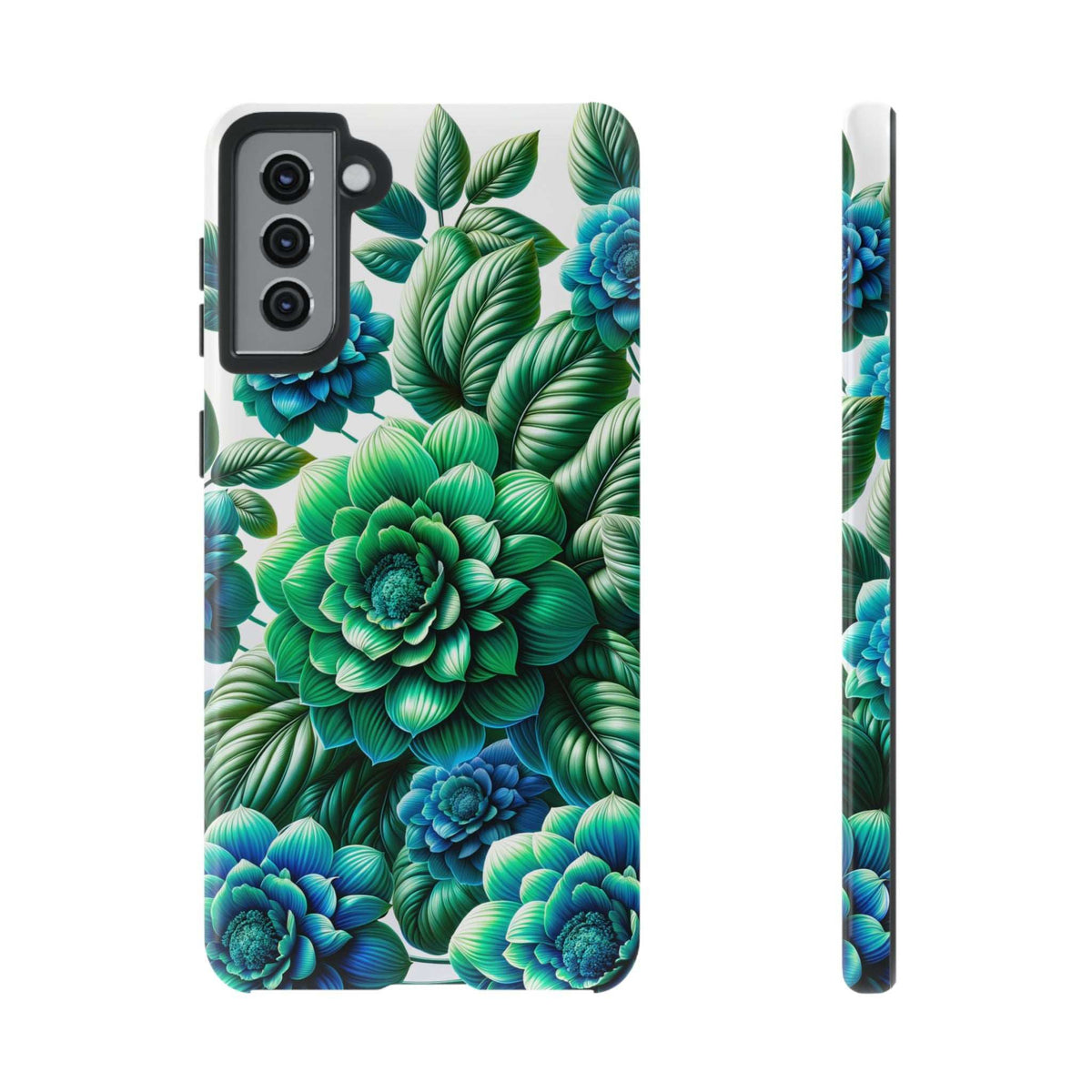 Green and blue floral phone case with leaf-and-flower print and camera cutouts