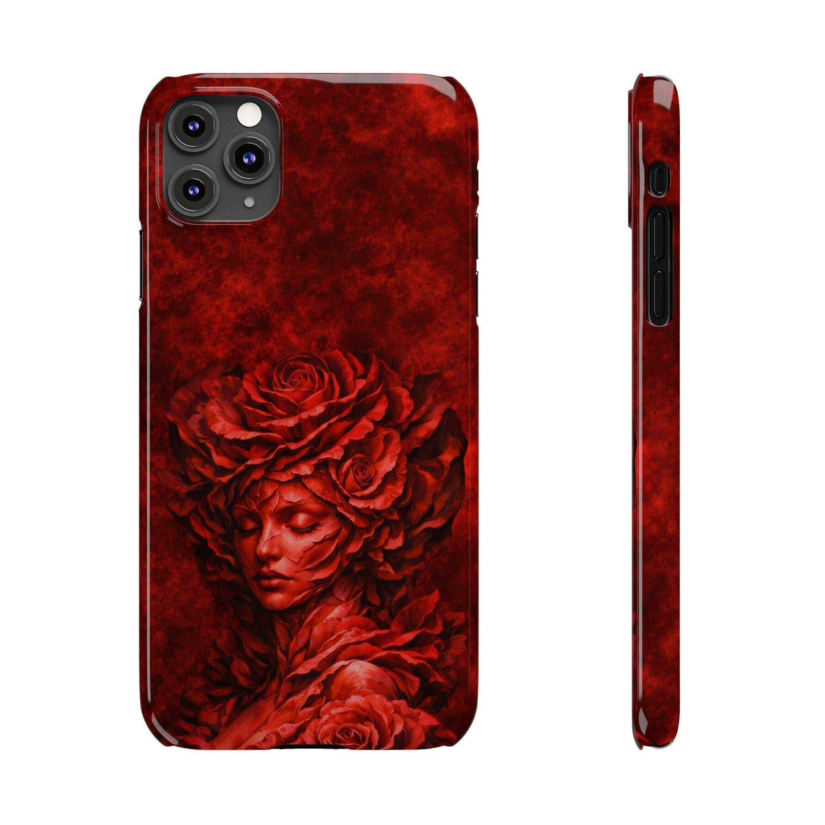Red slim iPhone case featuring rose-and-woman face artwork; side view shows ports and buttons.