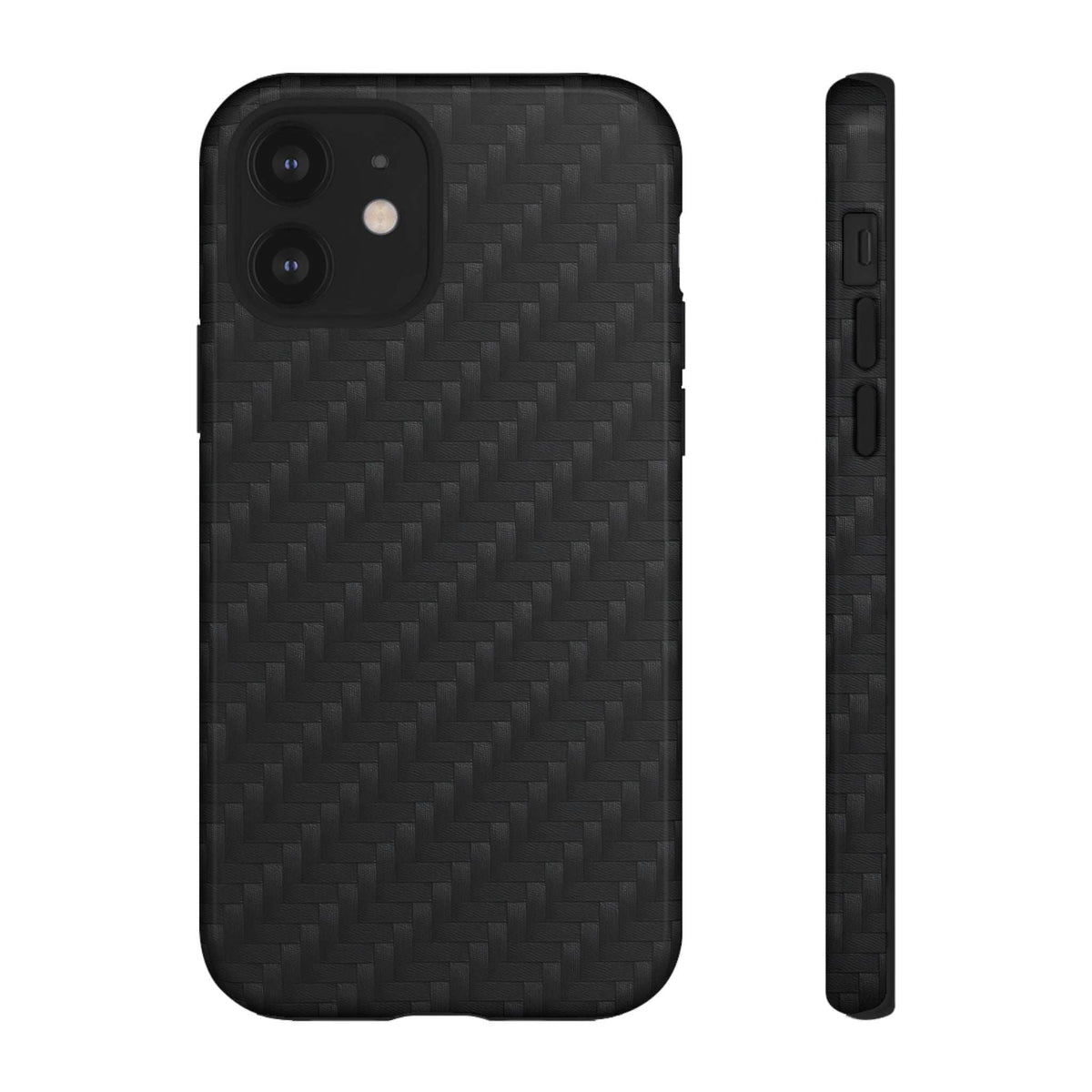 Black carbon fiber phone case with camera cutout, glossy finish, front and side