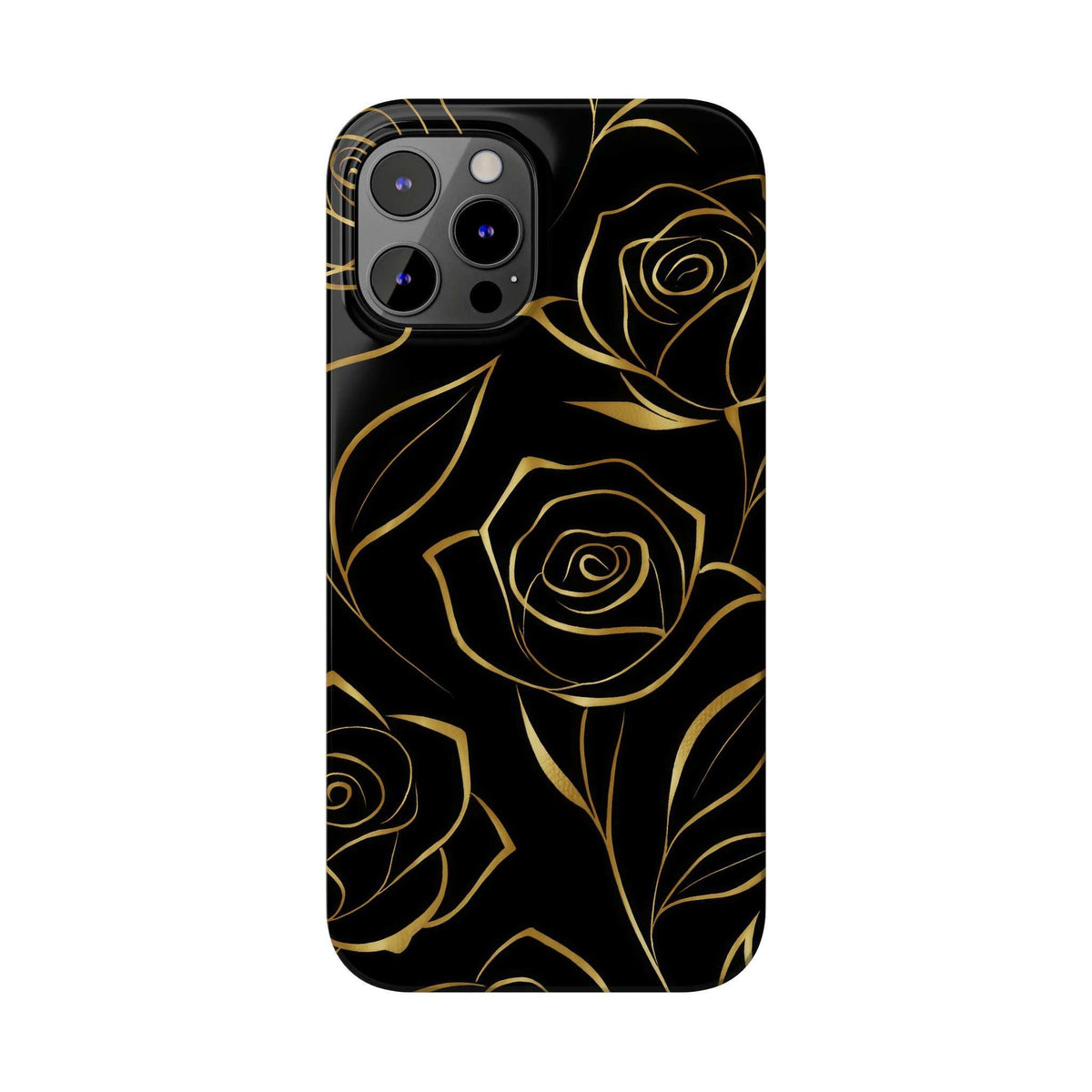 Black iPhone phone case with a gold rose motif across the back and camera cutouts
