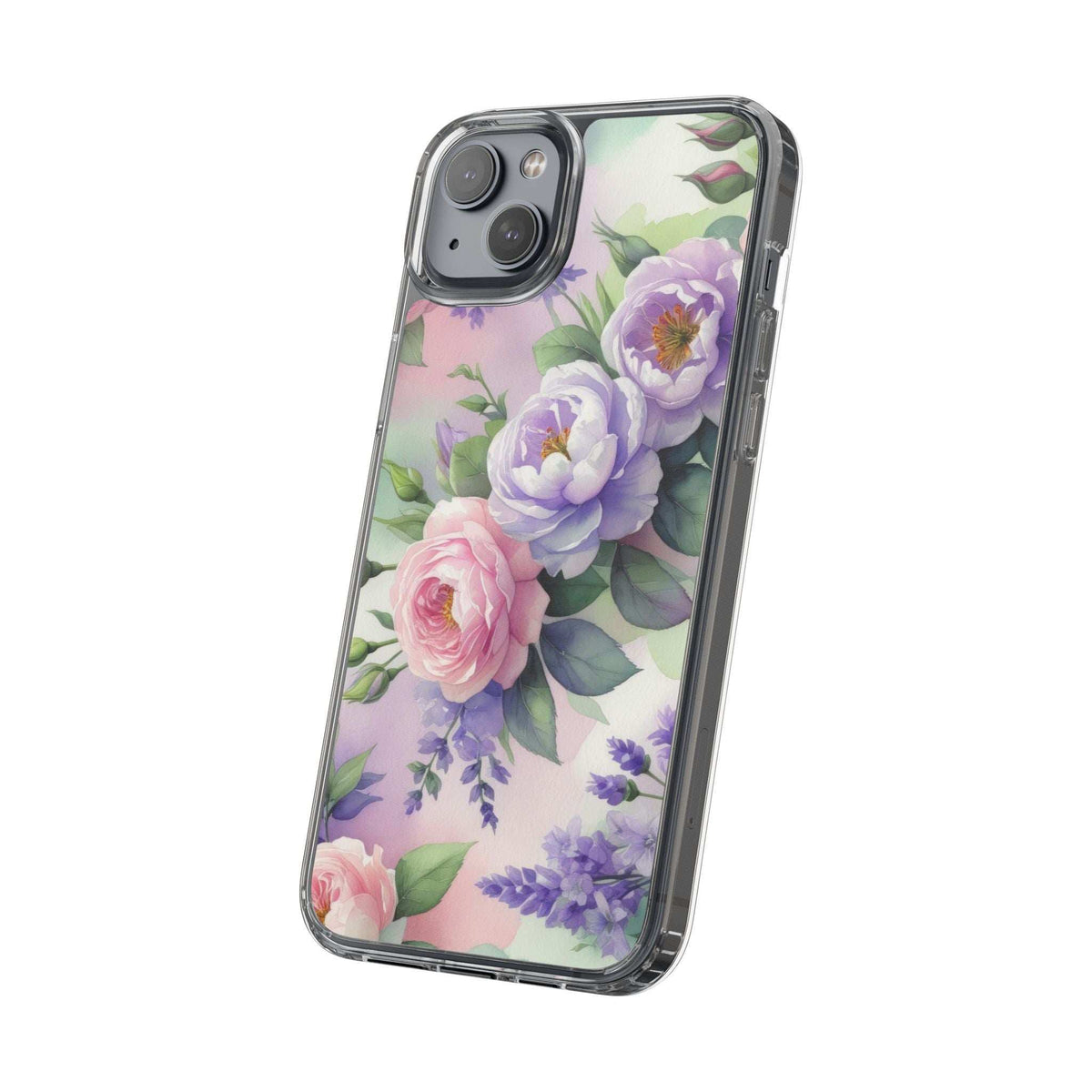 Clear phone case with watercolor-style flowers in purple and pink; side buttons visible