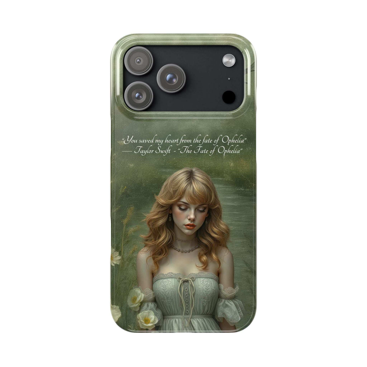 Green phone case with painted woman and bird; three-lens camera cutout panel