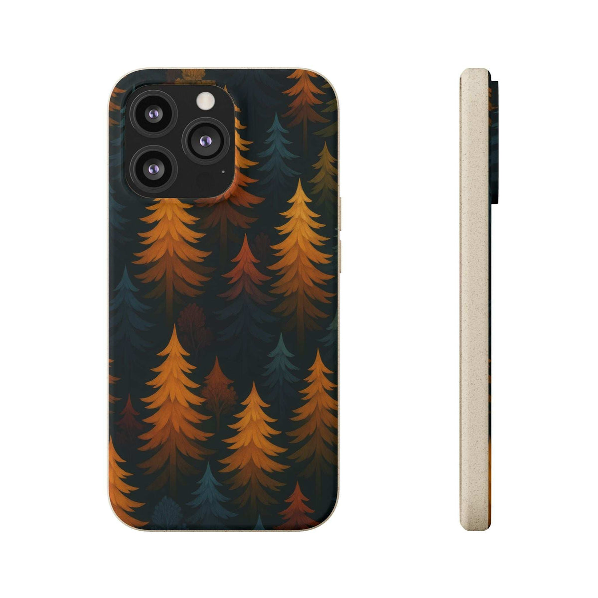 Biodegradable phone case featuring a pine tree pattern, camera lens cutouts, and raised edges