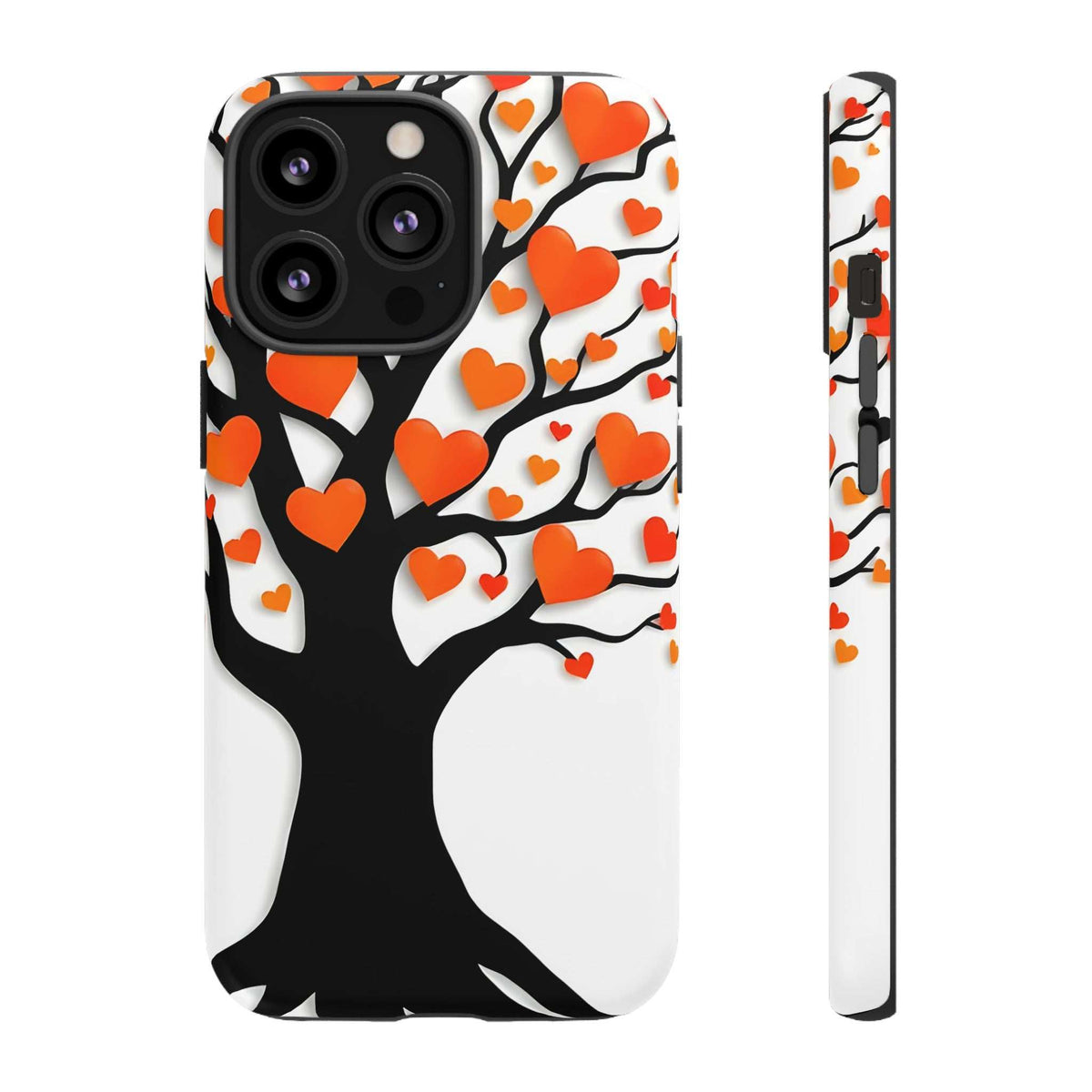 Heart tree phone case with orange heart pattern, side view with camera bump