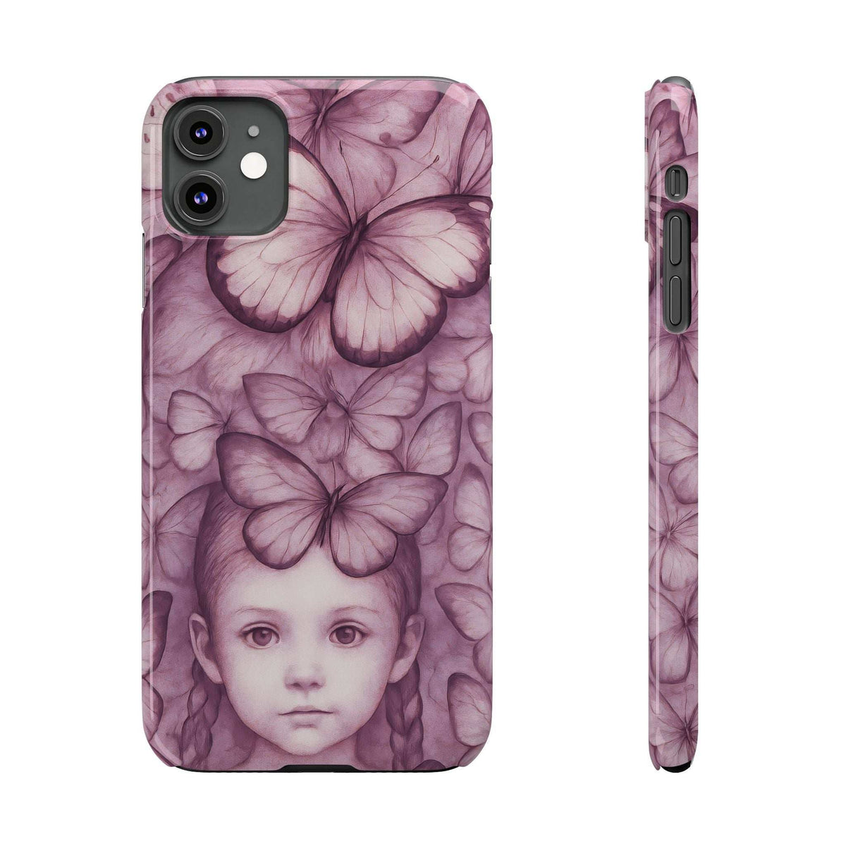 Purple butterfly girl phone case with rear camera cutouts