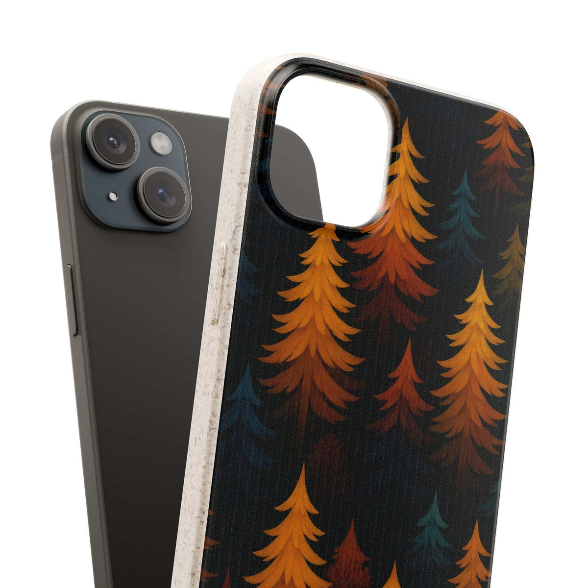 Biodegradable phone case with forest tree pattern and protective beige border on gray phone