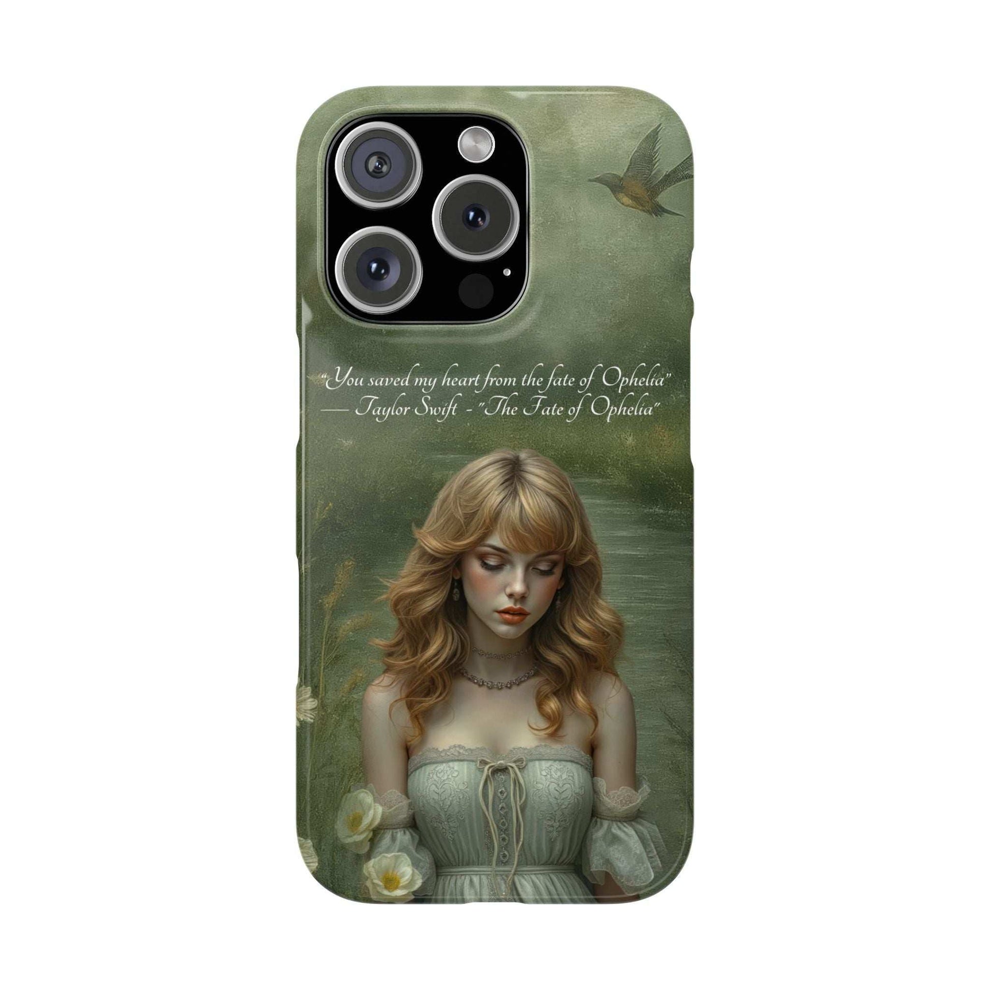 Green phone case with blonde girl artwork, bird, flowers, and camera cutouts.